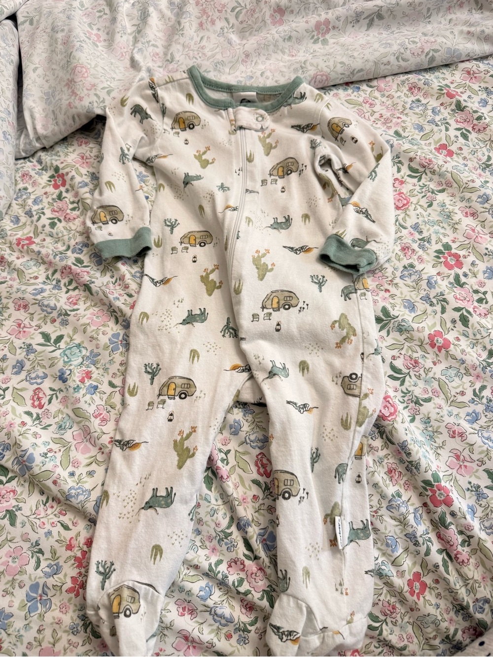 Gerber Cream Floral Footed One-Piece with Sage Trim